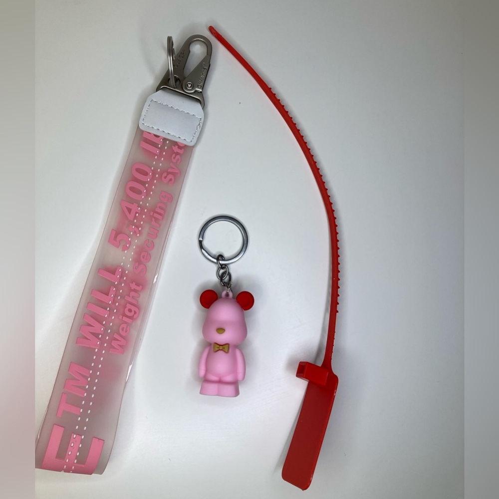 NEW-Off white pink key chain with pink bear